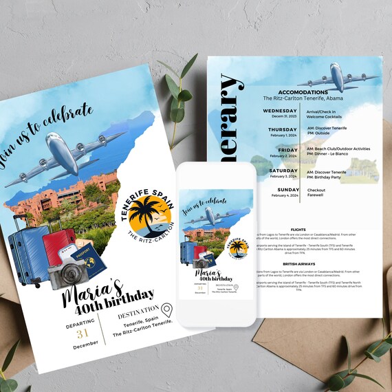 Tenerife Spain Birthday Weekend Invitation Template, Editable Travel Itinerary Invitations, Custom Spain Trip Invite, Bday Weekend Getaway