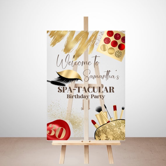 Customizable Glitz and Glam Spa Party Acrylic Welcome Sign, Perfect for Spa Birthdays and Makeup Slumber Parties, Girl Gold and Red Banner