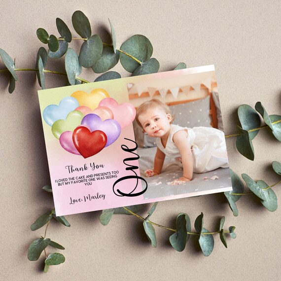 Rainbow Heart Birthday Thank You Photo Card, First Birthday Party Card, Watercolor Heart Balloons, Instant Download #HBR