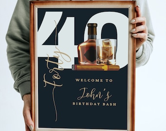 Adult Whiskey and Cigar Birthday Welcome Sign, Editable Any Age Men&#39;s Birthday Banner, Printable Bday Template, Instant Download #AWC