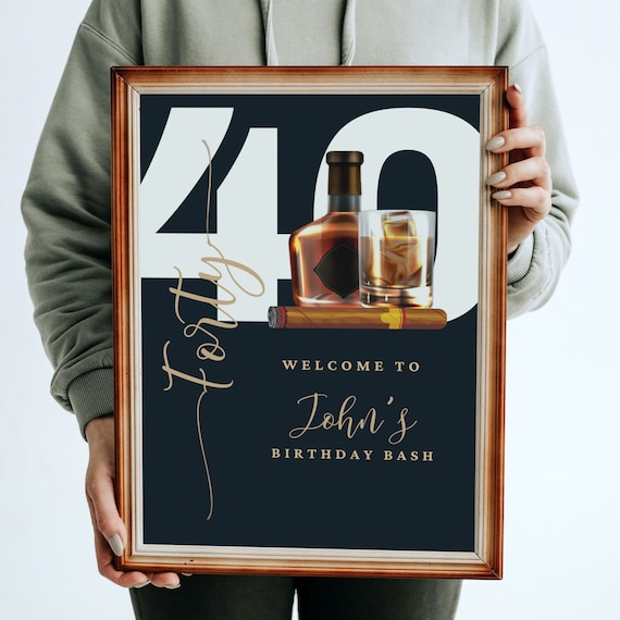 Adult Whiskey and Cigar Birthday Welcome Sign, Editable Any Age Men's Birthday Banner, Printable Bday Template, Instant Download #AWC
