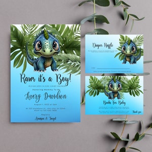 It&#39;s a Boy Dinosaur Baby Shower Invitation, Editable Dino Template Bundle, Dino Books for baby Shower, Boy Baby Shower, Printable Invite