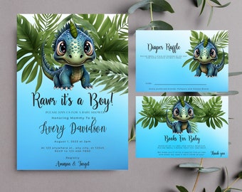 Het is een jongen dinosaurus baby shower uitnodiging, bewerkbare Dino sjabloon bundel, Dino boeken voor baby shower, jongen baby shower, afdrukbare uitnodiging