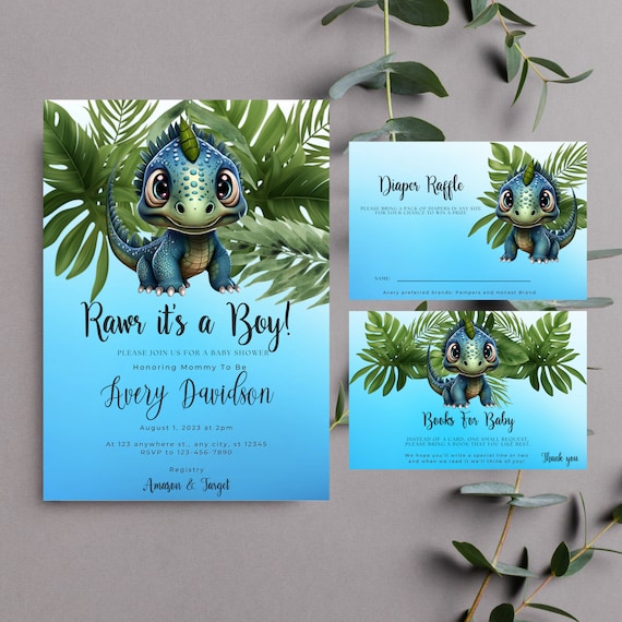 It's a Boy Dinosaur Baby Shower Invitation, Editable Dino Template Bundle, Dino Books for baby Shower, Boy Baby Shower, Printable Invite