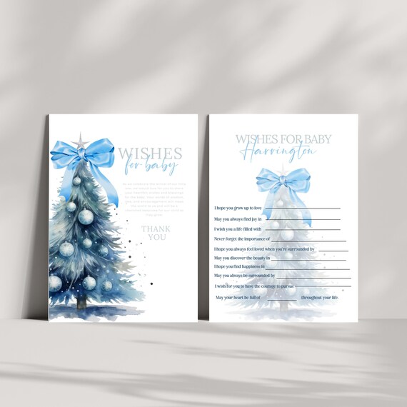 Blue Bow Christmas Tree Baby Wishes Card | Personalized Baby Shower Wish Cards for Boy | Holiday Baby Wish Card | Instant Download
