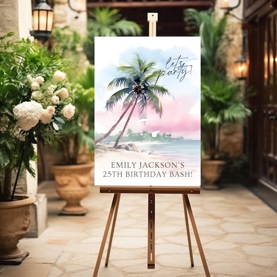 Editable Summer Beach Party Welcome Sign Template | Birthday Bash Printable Poster | Tropical Skyline Foam Board Entrance Signage