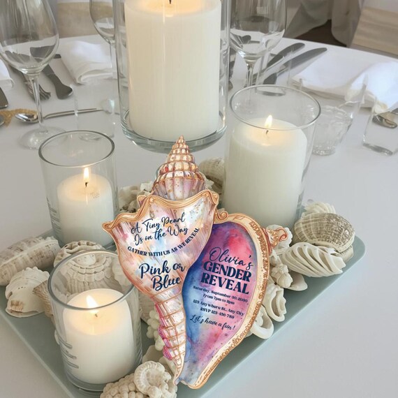 Seashell Gender Reveal Invitation Pink Blue Nautical Baby Shower Card 3D Ocean Theme Shell Invite Coastal Beach Party Announcement