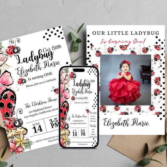 Ladybug Photo Birthday Invitation, Ladybug Birthday Invitations, Lady Bug Picture Invite, Our Little Bug Printable, Instant Download, LDYB