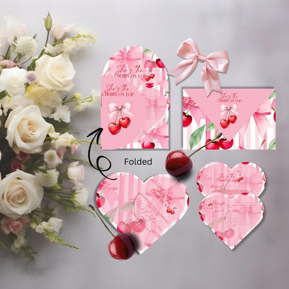 She's the Cherry on Top Heart-Shaped Invitation Suite, Personalized Registry & Recipe Card - Custom Bridal Shower Invitation Set