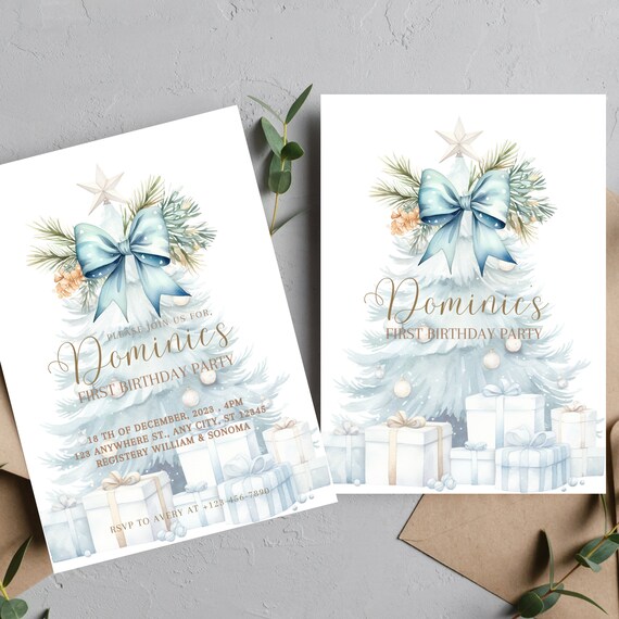 Blue Christmas Tree Birthday Invitation, Editable Birthday Party Invite, Holiday Theme Party Invitations, Blue Tree Boy Template