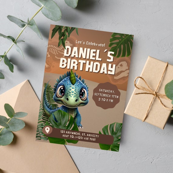 Dinosaur Birthday Invitation Template, Dino Any Age Bday Invite, Blue Birthday Party Printable, Instant Download, #DINO