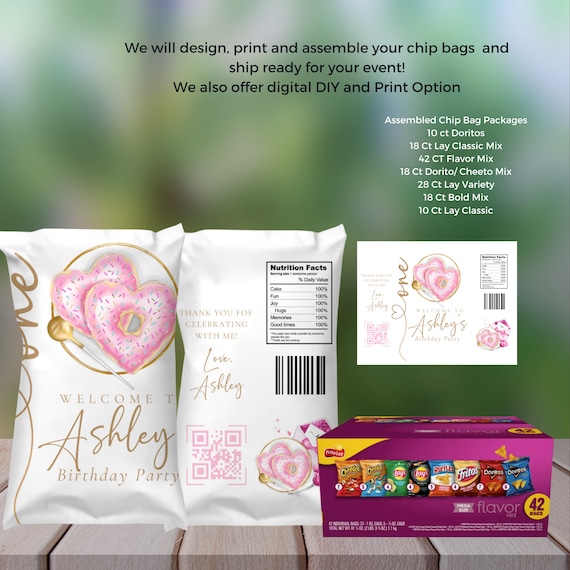Donuts & Sweets Chip Bag Template - Pink Gold Editable Labels for Birthday Parties - DIY Bday Decoration - Printable Chip Bags