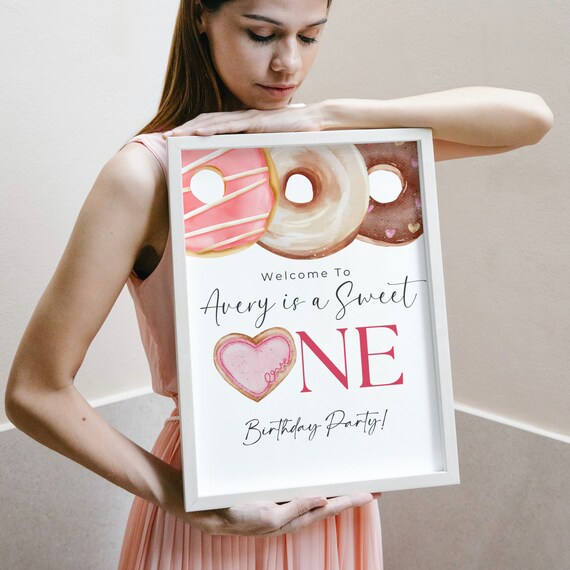 Sweet One Pink Donut Birthday Welcome Sign - Editable Any Age Party Template, Baby Girl's First Birthday Party Printable, Instant Download