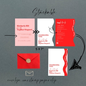 Puede incluir: Conjunto de invitaciones de boda apilables en un esquema de color rosa y rojo. La invitación presenta el texto "Kimberly Hill y Stephen Shepard" y "Celebrating Love". La tarjeta de detalles presenta el texto "The Details". La invitación mide 12,7 x 17,8 cm.