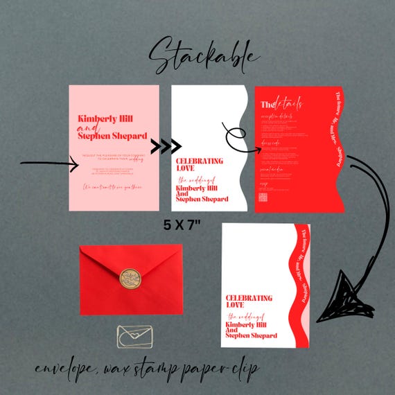 Custom Retro Wave Wedding Invitation Set | Modern Die Cut Design | Blush Pink, Red & White | Layered Stationery | Elegant Wedding Suite