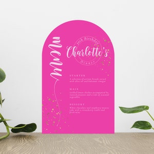 Bearbeitbares gewölbtes Abendmenü, druckbares Geburtstagsfeier-Mittagsmenü, Bogen Hot Pink Gold, Essenskarte, Puppenparty-Menü, Print und Digital, #PPP