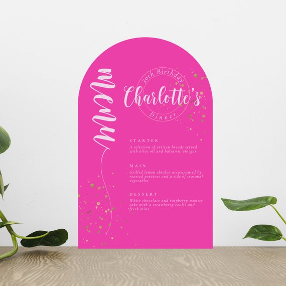 Editable Arched Dinner Menu, Printable Birthday Party Lunch Menu, Arch Hot Pink Gold, Food Menu, Doll Party Menu, Print and Digital, #PPP