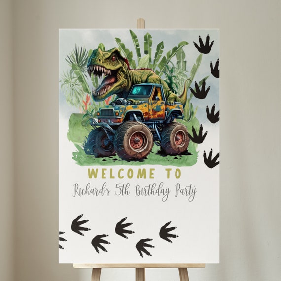 T Rex Dinosaur Monster Truck Birthday Welcome Sign, Boys Printable T Rex Banner, Editable Dinosaur Birthday Party Signs, Instant Download