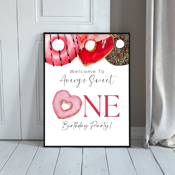 Sweet One Red Donut Birthday Welcome Sign - Editable Any Age Party Template, Baby Girl's First Birthday Party Printable, Instant Download