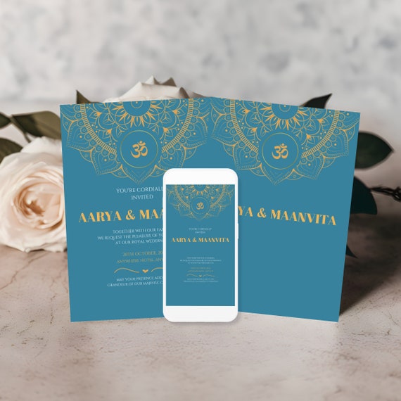 Printable Gold Mandala Indian Floral Wedding Invitation Template - Elegant Royal Theme for Hindu Weddings