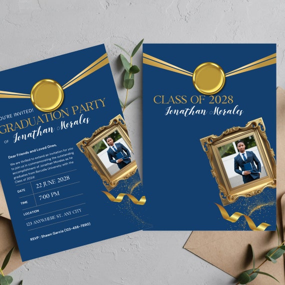 Class of 2024 Blue and Gold Graduation Party Invitation - Customizable and Printable Graduation Photo Invitation Template