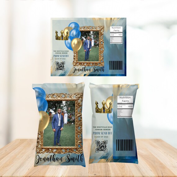 Prom Send Off Chip Bag Template, Prom Party Favors, Printable Photo Chip Bags, Blue and Gold Custom Bags, Print and Digital, PPBG