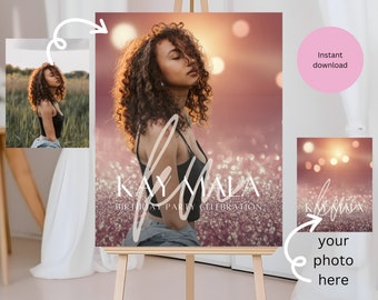 Rose Gold Birthday Photo Welcome Sign Template | Custom Milestone Signage | Glitter Celebration Sign | Prom, Sweet 16 Party Decor