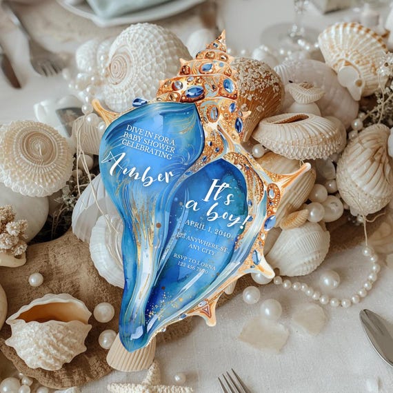 Blue Seashell Invitation Boy | Sea Shell Shaped Invite | Ocean Baby Shower Invite | Under the Sea Birthday Card | Beach Theme Party