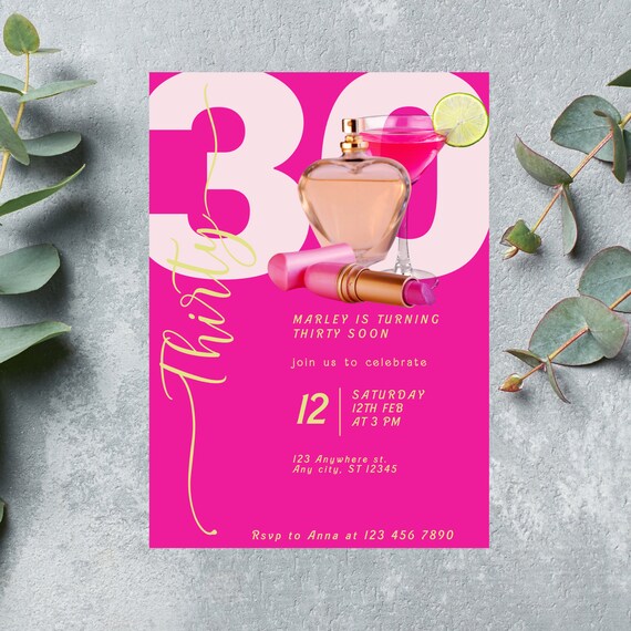 Adult Hot Pink Birthday Invitation Template, Pink Cocktail Party Invite, Editable Any Age, Hot Pink Cocktails Theme Party, #HPC