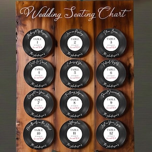 Retro Vinyl Record Wedding Seating Chart – Editable Guest List Sign, Custom Music Theme Table Names, Vintage Reception Decor, Wedding Sign