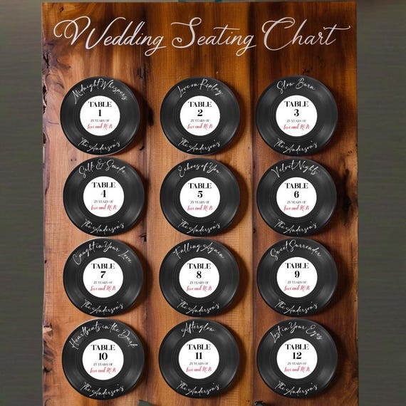 Retro Vinyl Record Wedding Seating Chart – Editable Guest List Sign, Custom Music Theme Table Names, Vintage Reception Decor, Wedding Sign