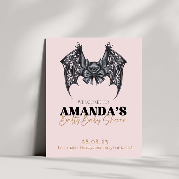 Bat Bow Halloween Baby Shower Welcome Sign | Pink & Black Spooky Baby Shower Template | Printable Batty Halloween Party Decor