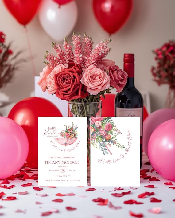 April Showers Baby Shower Invitation | Pink Umbrella ‘Baby is Blooming’ Printable Invite | Spring Floral Baby Shower Invite