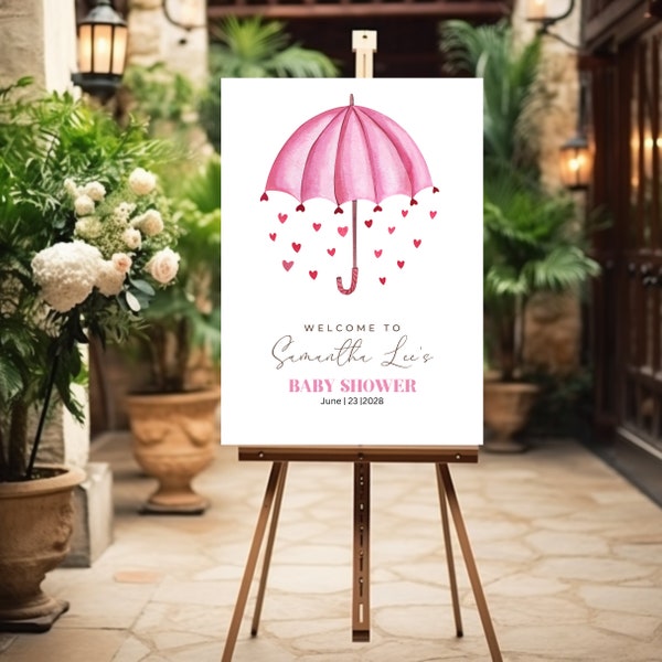 Pink Umbrella Baby Shower Welcome Sign Template - Girl Baby Shower Decor - Customizable Printable Banner Party Decor - DIY Baby Shower Sign