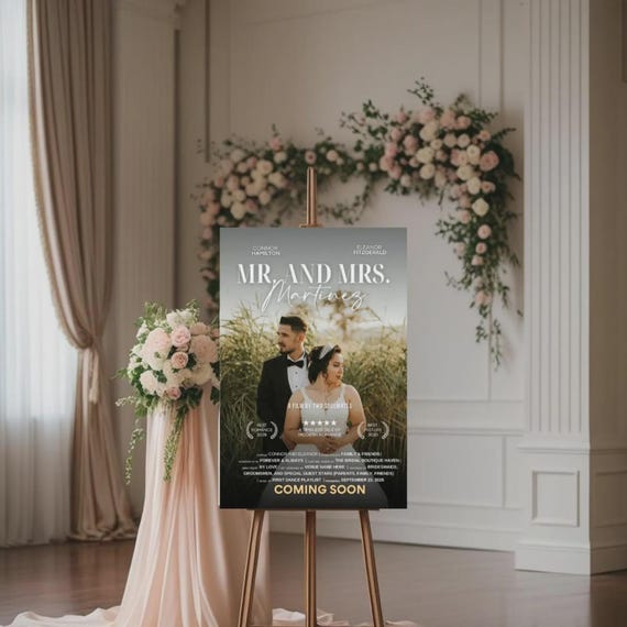Movie Poster Wedding Welcome Sign | Custom Bridal “Coming Soon” Sign | Hollywood Theme Reception Decor | Personalized Bride & Groom Canva