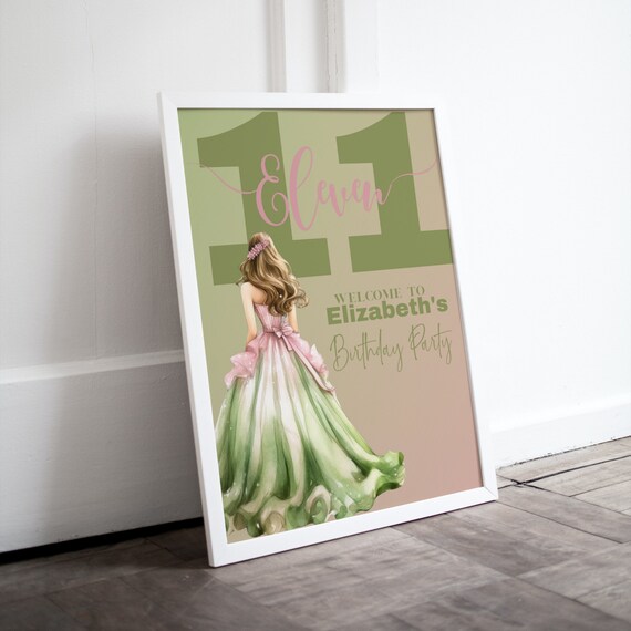 Princess Birthday Welcome Sign, Party Banner, Green and Pink Princess Template, Printable Customizable Minimalist Banners, Instant Download