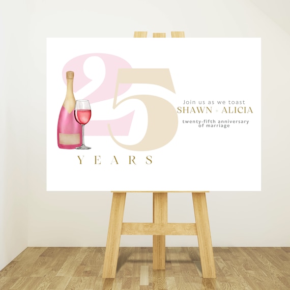 25Th Anniversary Wine Toast Party Welcome Sign, Any Year Editable Anniversary Template, Custom Anniversary Banner, Pink Gold Welcome Signs