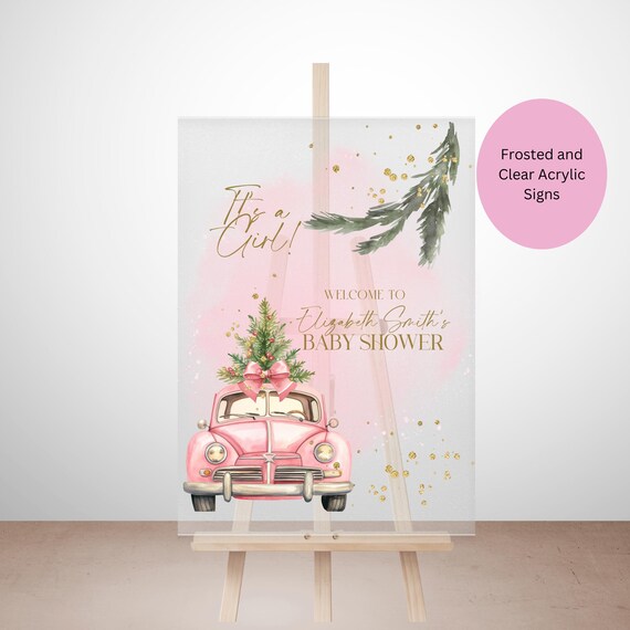 Editable Pink Christmas Car Acrylic Welcome Sign | Holiday Pink Party Sign | Baby Shower It's a Girl Decor | Clear Acrylic Christmas Decor