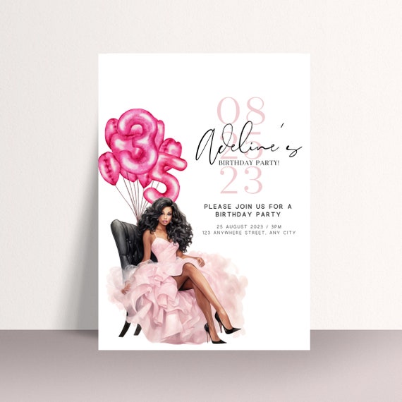 Editable Pink Doll Party Invitation Template - Personalized African Doll Birthday Printable- Customizable Any Age - Doll Theme Invite