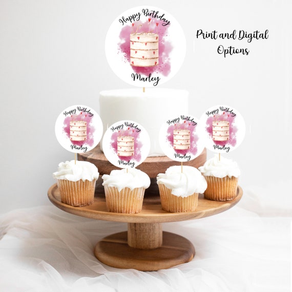 Valentine Birthday Cupcake Round Toppers, Printable Heart and Cake Party Favor Label, Editable 2" Labels Favors, Print and Digital, #Val