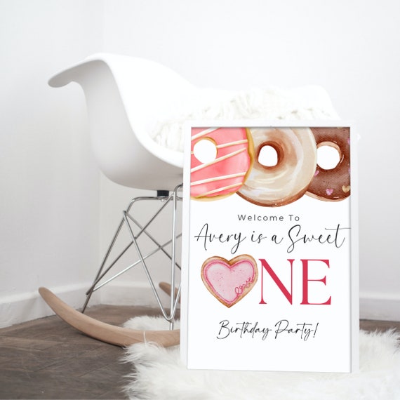 Sweet One Pink Donut Birthday Welcome Sign - Editable Any Age Party Template, Baby Girl's First Birthday Party Printable, Print and Digital