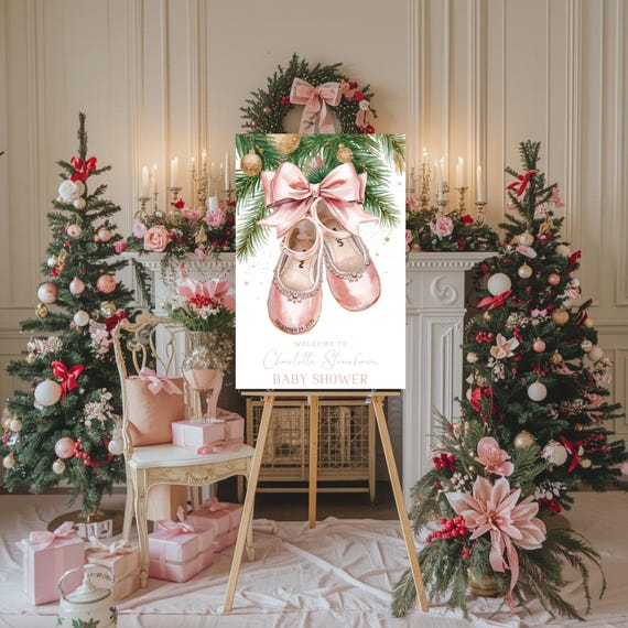 Christmas Baby Shower Welcome Sign for Girl – Editable Template in Canva – Pink Baby Shoes Holiday Decor – Instant Download – Mom to Be Sign