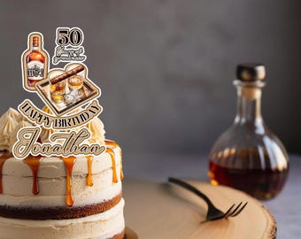 Whiskey & Cigar 3D Custom Cake Topper - Personalized Birthday, Retirement, Bachelor Party Decor, Groomsmen Cake Topper, Any Age Celebration