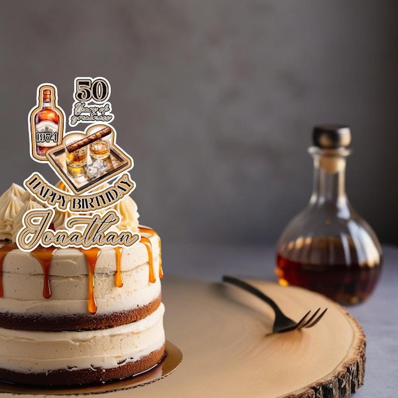 Whiskey & Cigar 3D Custom Cake Topper - Personalized Birthday, Retirement, Bachelor Party Decor, Groomsmen Cake Topper, Any Age Celebration
