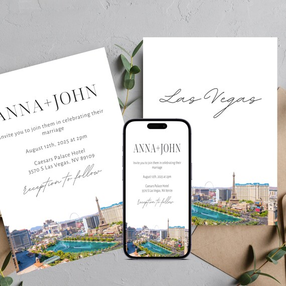 Vegas Wedding Invitation Template Set, Editable Las Vegas Wedding Invite Suite Template, Caesar Palace Skyline, Instant Download, #LVGS