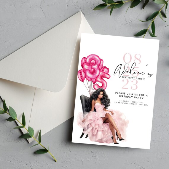 Editable Pink Doll Party Invitation Template - Personalized African Doll Birthday Printable- Customizable Any Age - Doll Theme Invite