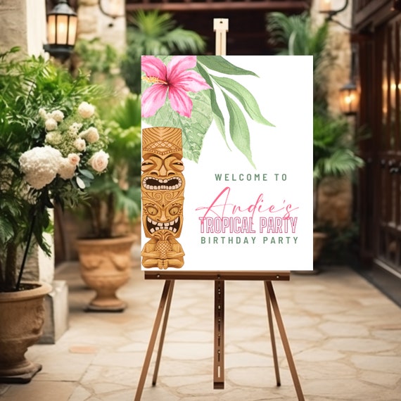 Editable Tropical Tiki Pink Floral Welcome Sign Template - Perfect for Bridal & Baby Showers, Birthdays - Pink Hibiscus Party Signage