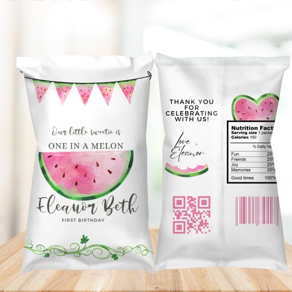 Watermelon Birthday Chip Bag Label, Pink Watermelon Party Template, One in a Melon Chip Labels, Print and Digital #MBP