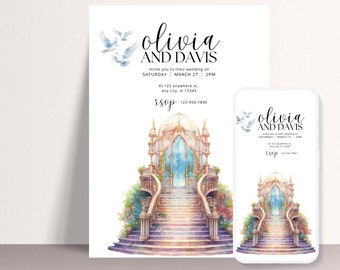 Fairytale Wedding Printable Invitation, Wedding Staircase Party Invite Template, Happily Ever After Invitations, Enchanted Wedding Invites