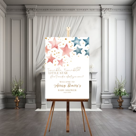 Editable Twinkle Twinkle Little Star Baby Shower Welcome Sign - Pink and Blue Stars - Gender Reveal Event Signage - Printable Party Banner